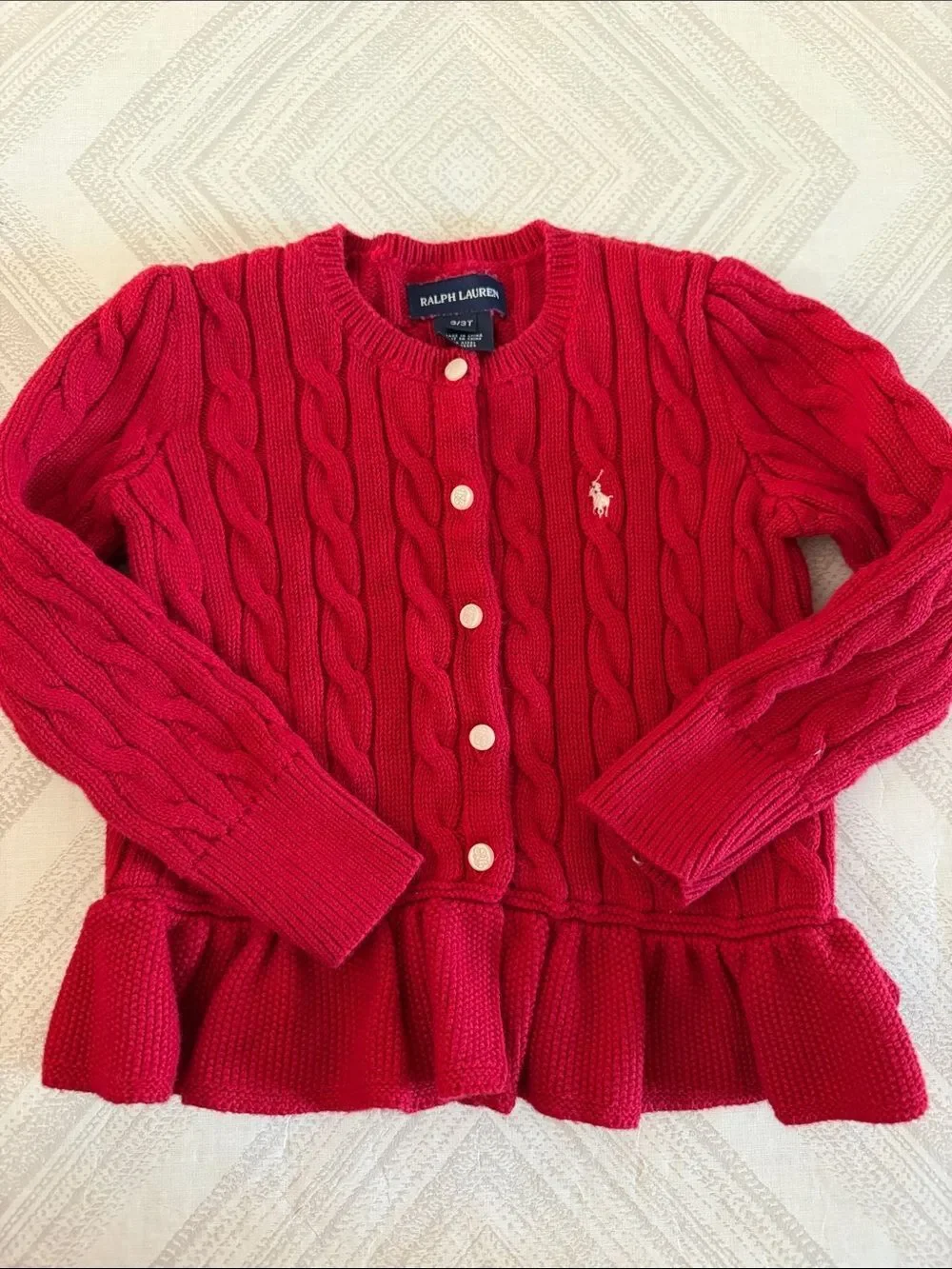 Ralph Lauren Girls Red Cable Knit Peplum Cardigan 3T Cotton Pony Sweater